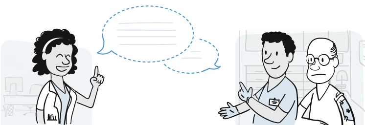 Infirmière spécialisée à distance qui conseille un infirmier en présence d’un patient.